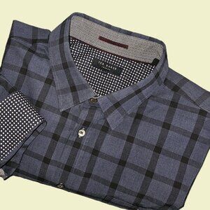 Ted Baker London Men's 7 (3XL) Blue Windowpane Cotton Long Sleeve Shirt